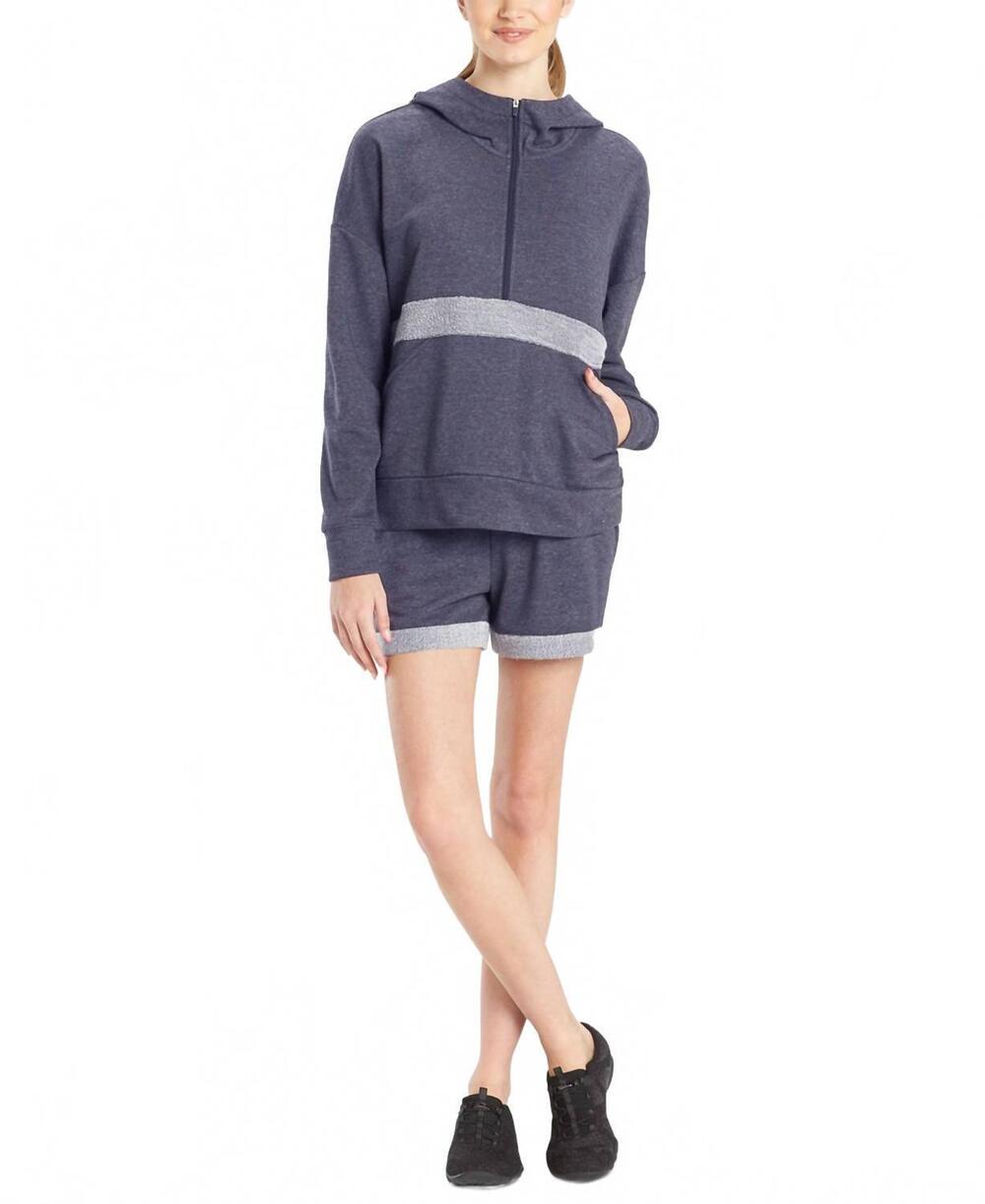 NEW JOSIE NATORI chi french terry active half-zip top in heather night blue